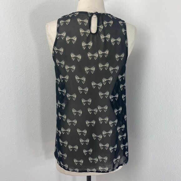 Glam Doll Black Sheer Blouse Med Bow Print Peter Pan Collar Whimsy Goth Siren - Picture 8 of 12